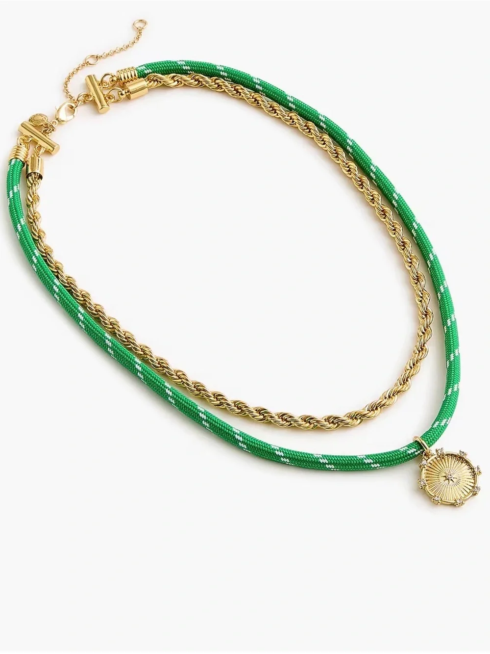 J. Crew Gold Pendant Layered Necklace with Green Cord